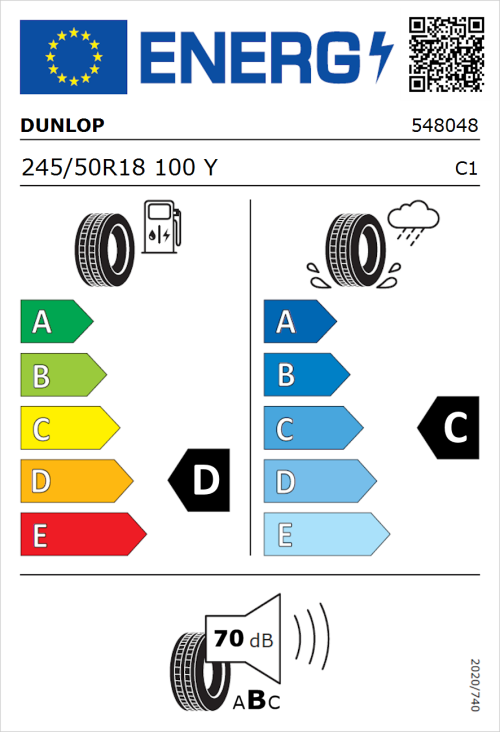 Tyre Label for Dunlop SP SPORTMAXX GT 245/50R18 100Y