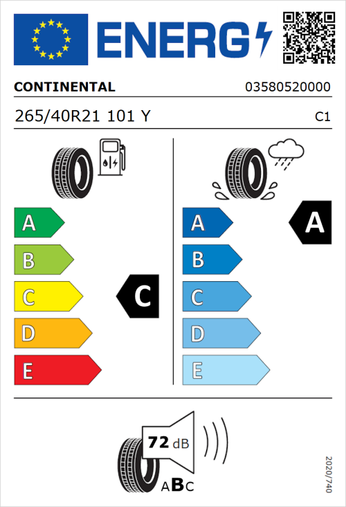 Tyre Label for Continental ContiSportContact 5 265/40R21 101Y
