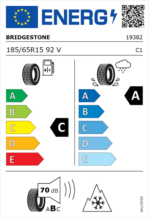 Tyre Label for Bridgestone Weather Control A005 EVO 185/65R15 92V