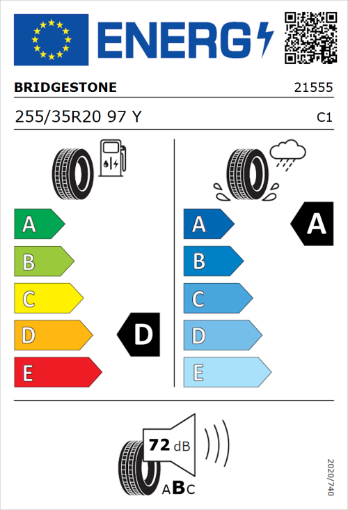 Tyre Label for Bridgestone Potenza Sport 255/35R20 97Y