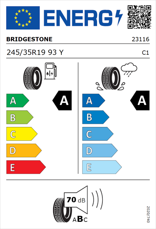 Tyre Label for Bridgestone Potenza Sport 245/35R19 93Y