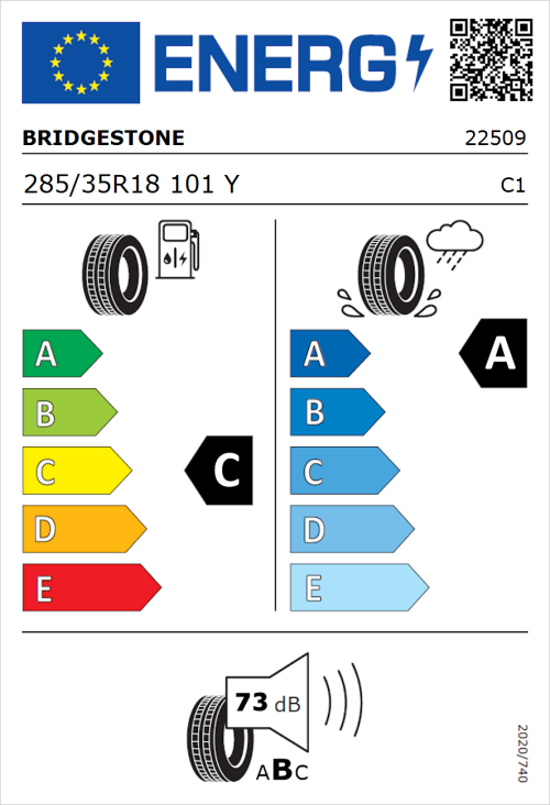 Tyre Label for Bridgestone Potenza Sport 285/35R18 101Y