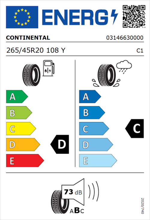 Tyre Label for Continental SportContact 6 265/45R20 108Y