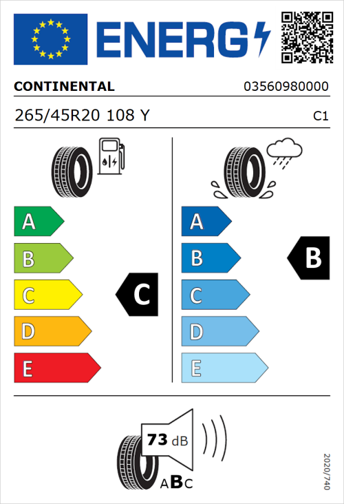 Tyre Label for Continental ContiSportContact 5 265/45R20 108Y